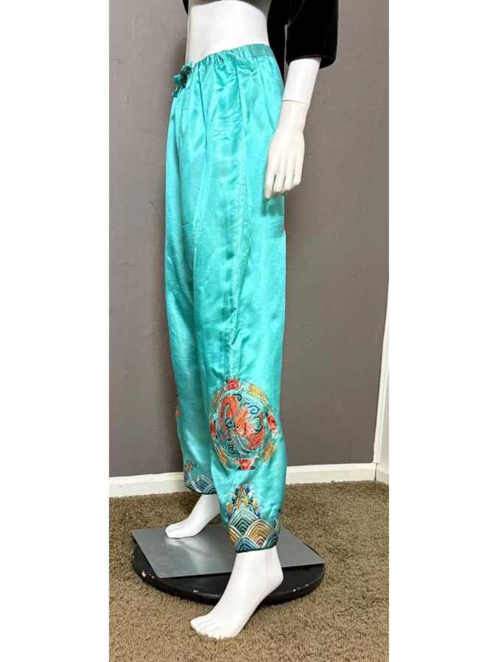 1960's Embroidered Satin Souvenir Pants Turquoise x Dragons OS fits XS-XL